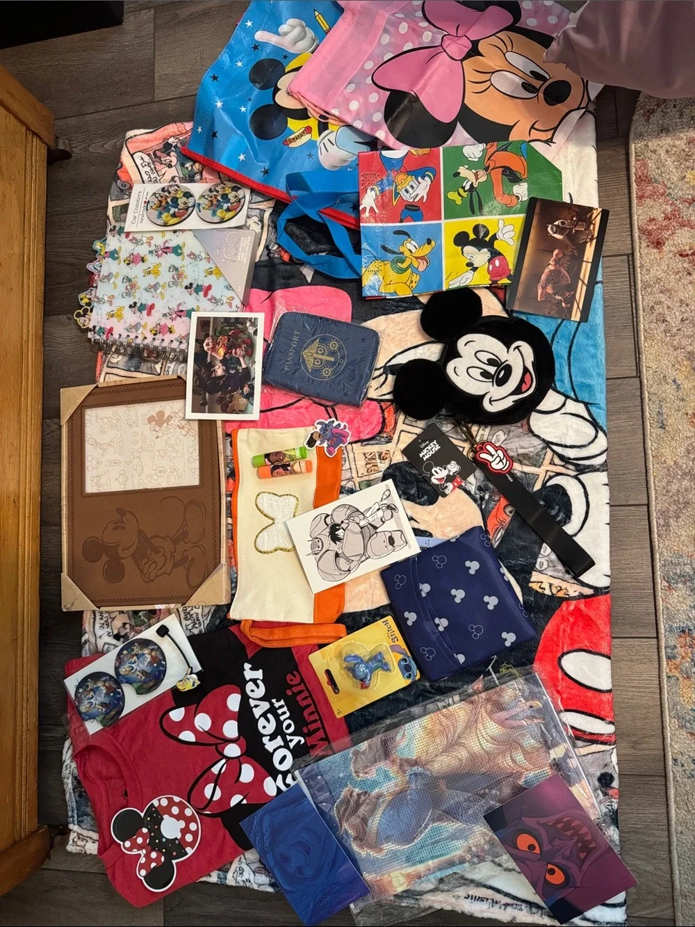 Disney mixed lot picture frame, blanket, shirt, diamond art, totes , passport +
